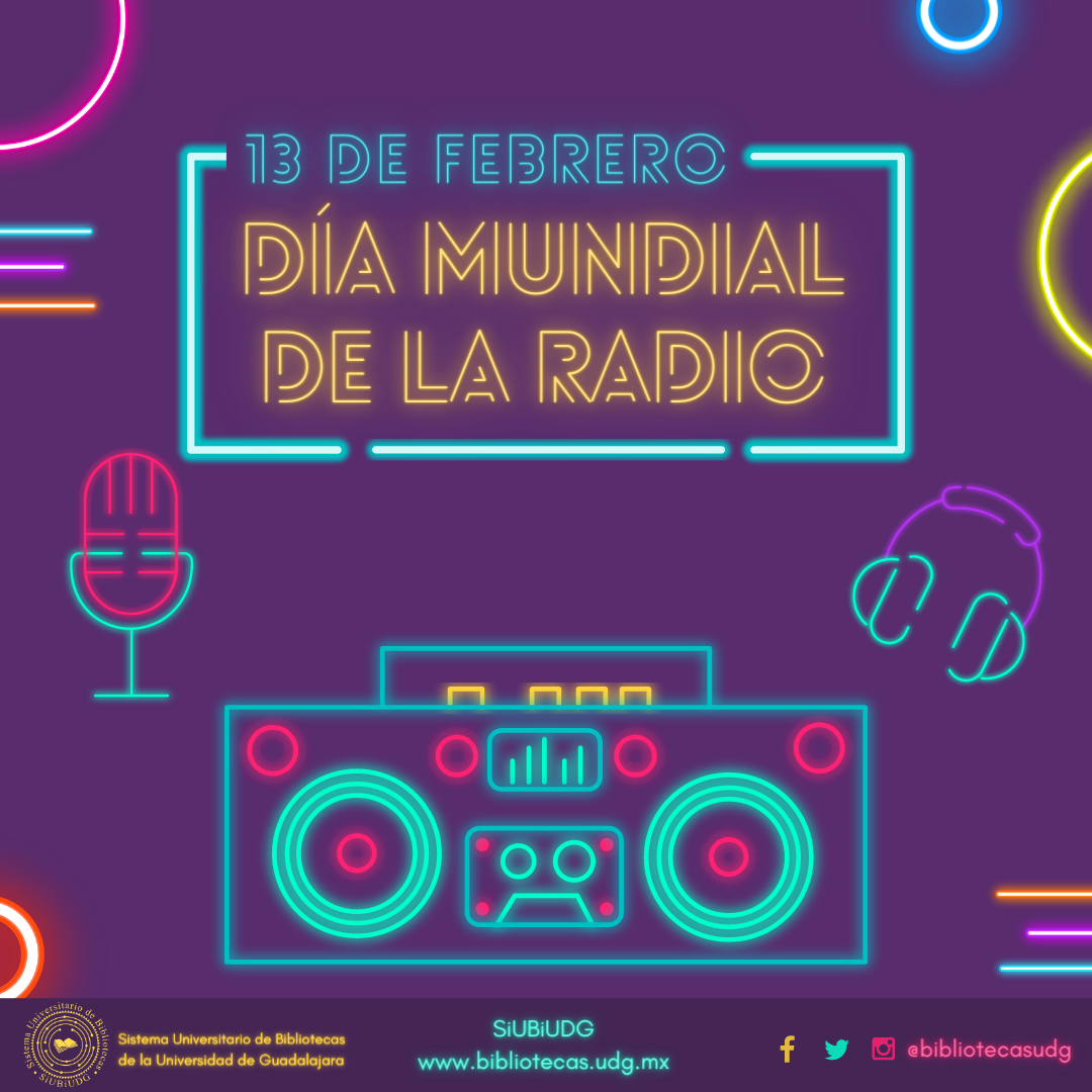En la parte superior se encuentra un letrero de luces neón que dice "13 de febrero, día mundial de la radio", en la parte inferior hay una radio con luz neón, un micrófono y unos auriculares